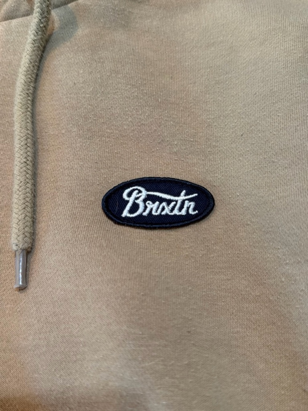 Brixton Crewneck Sweater in Tan with Navy Logo Patch